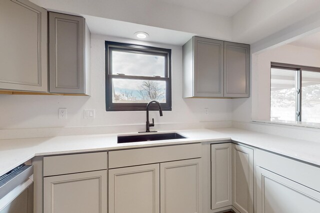 kitchen with gray cabinets, sink, and stainless steel dishwasher