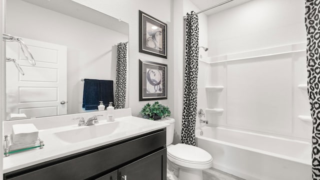 full bathroom featuring vanity, shower / tub combo with curtain, and toilet