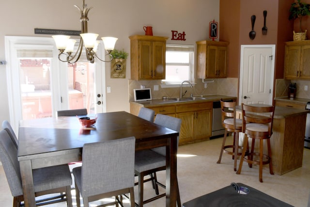 kitchen featuring sink, decorative light fixtures, a chandelier, stainless steel dishwasher, and backsplash