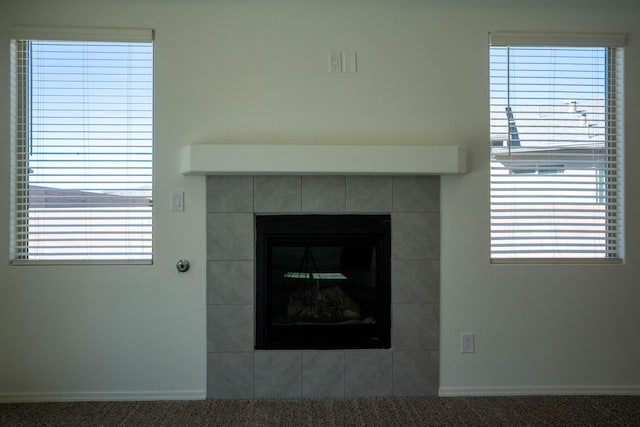 details with a tile fireplace and carpet floors