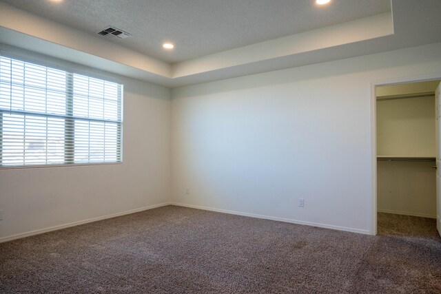 carpeted empty room with a raised ceiling