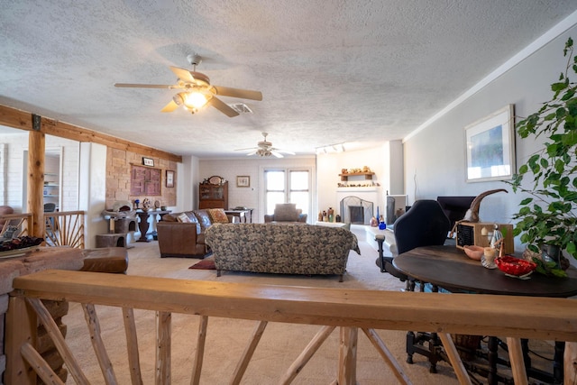 living room featuring a textured ceiling