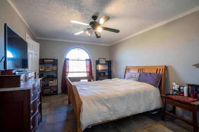 bedroom featuring crown molding, ceiling fan, and a textured ceiling