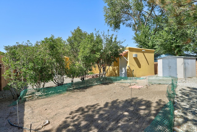 view of yard featuring a storage shed