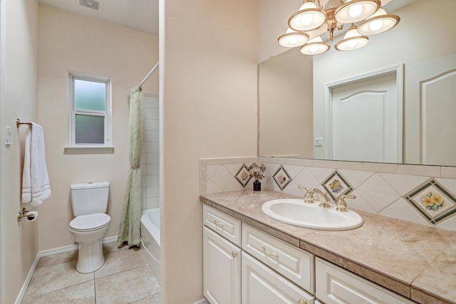 full bathroom featuring toilet, decorative backsplash, tile patterned flooring, shower / tub combo, and vanity