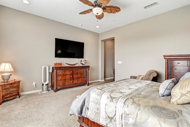 bedroom featuring recessed lighting, visible vents, a ceiling fan, carpet flooring, and baseboards