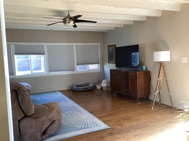 living room featuring ceiling fan, plenty of natural light, beamed ceiling, and wood-type flooring