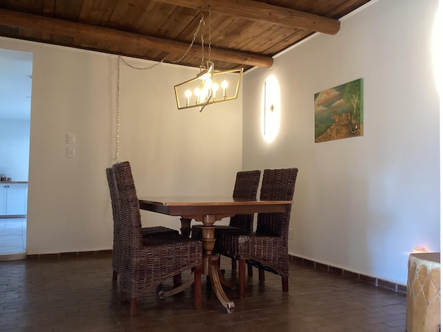 dining area with beamed ceiling, a notable chandelier, and wooden ceiling