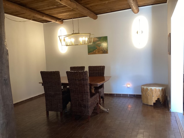 dining space with wood ceiling and beam ceiling