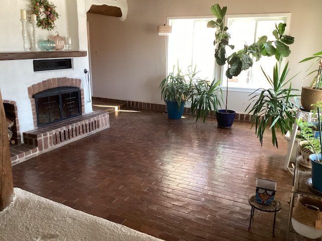 living room with a fireplace