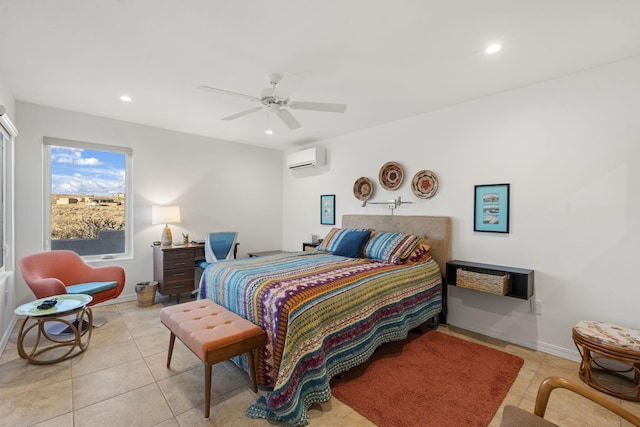 tiled bedroom with an AC wall unit and ceiling fan