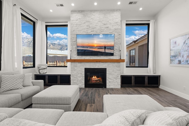 living room featuring a stone fireplace and dark wood-type flooring