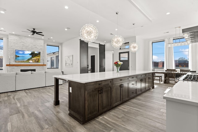 kitchen featuring light hardwood / wood-style flooring, a center island, dark brown cabinetry, decorative light fixtures, and a barn door