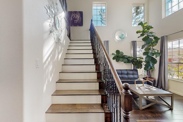 stairs with hardwood / wood-style floors and a healthy amount of sunlight