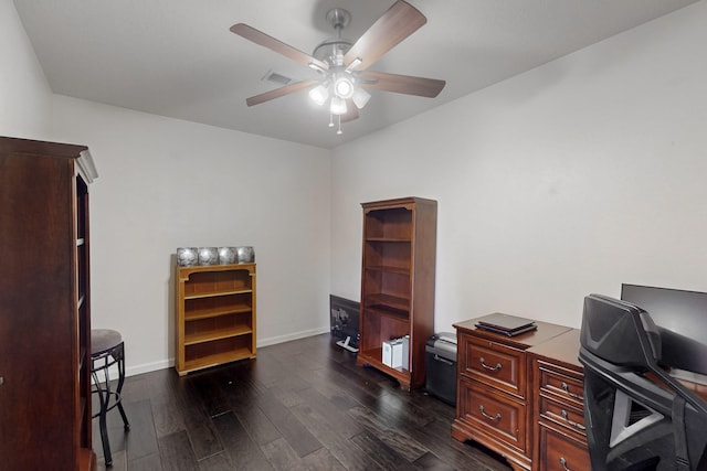 office area featuring ceiling fan and dark hardwood / wood-style flooring