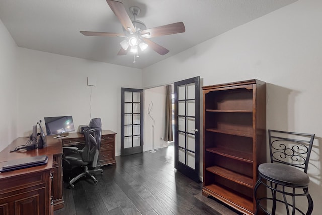 office featuring ceiling fan, dark hardwood / wood-style flooring, and french doors