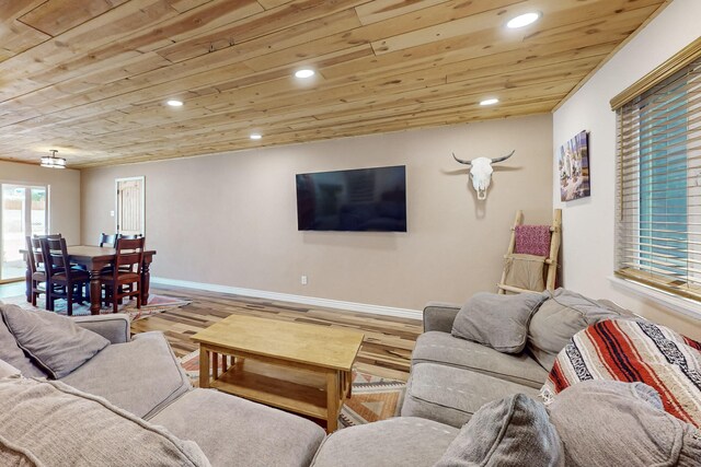 living room with wood-type flooring and wooden ceiling