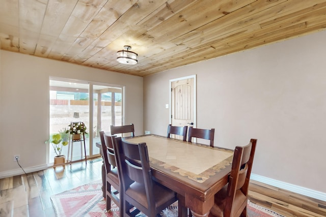 dining space featuring wooden ceiling and light hardwood / wood-style floors