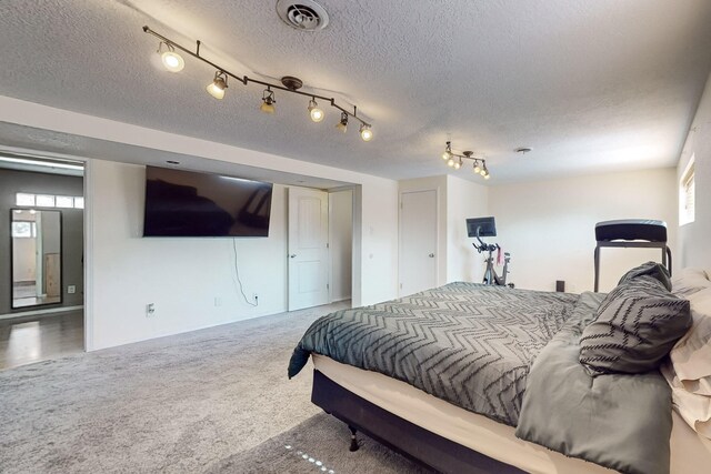 bedroom with carpet flooring, multiple windows, and a textured ceiling