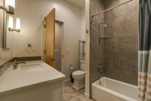 full bathroom featuring tile patterned flooring, vanity, shower / bath combination with curtain, and toilet