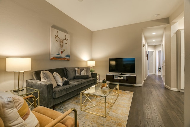 living room with dark hardwood / wood-style flooring