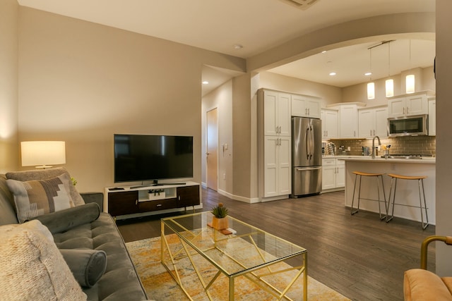 living room featuring dark wood-type flooring and sink