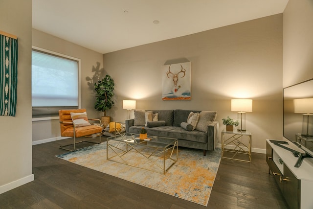 living room with dark hardwood / wood-style flooring