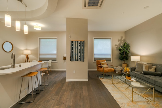 living room with sink and dark hardwood / wood-style flooring