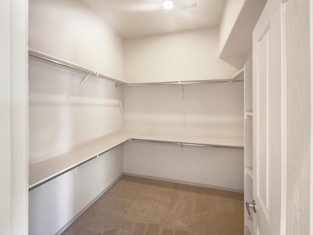 walk in closet featuring light colored carpet