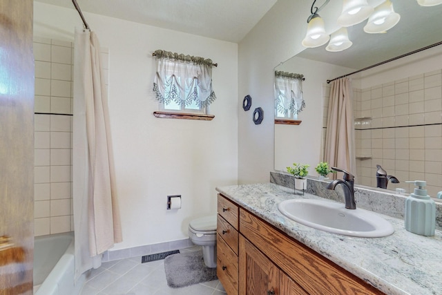 full bathroom with vanity, shower / bath combo, tile patterned floors, and toilet