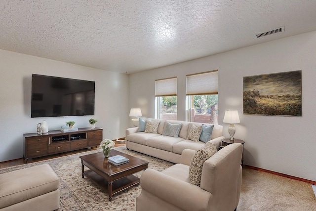 living room featuring a textured ceiling