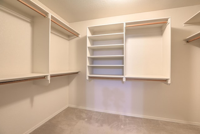 walk in closet featuring light carpet