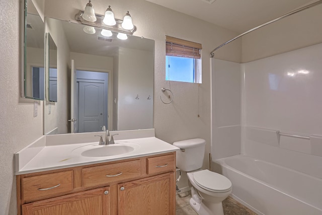 full bathroom with bathtub / shower combination, tile patterned floors, vanity, and toilet