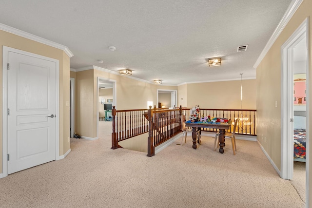 recreation room with crown molding, light colored carpet, and a textured ceiling