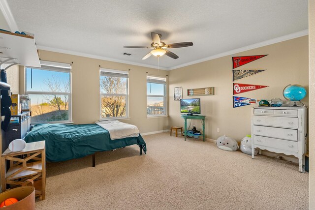 carpeted bedroom with multiple windows, ornamental molding, and a textured ceiling