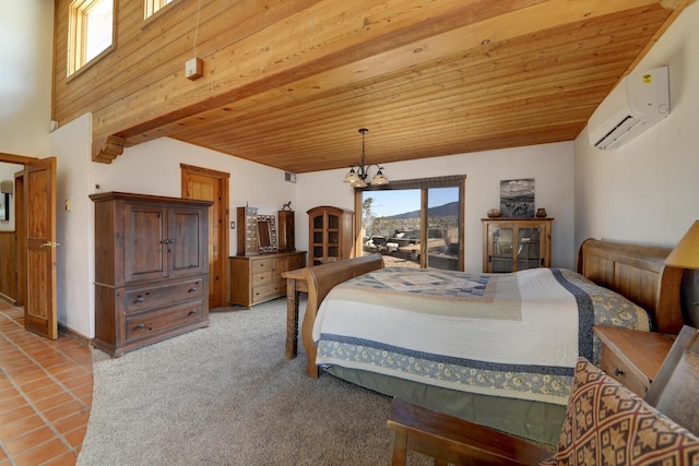 carpeted bedroom featuring an AC wall unit and wood ceiling