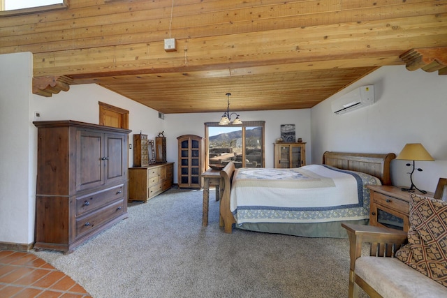 bedroom with vaulted ceiling, light colored carpet, an AC wall unit, and wood ceiling