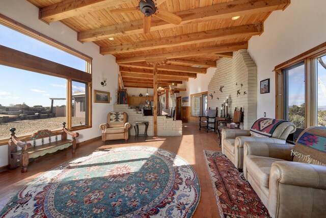 living room featuring wood ceiling, dark wood-type flooring, ceiling fan, high vaulted ceiling, and beam ceiling