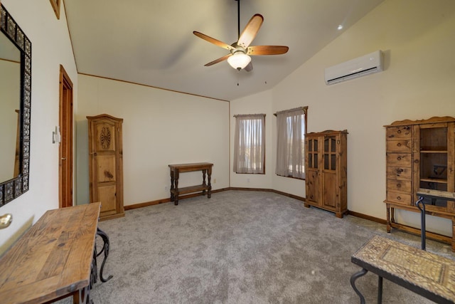 interior space featuring vaulted ceiling, ceiling fan, light carpet, and a wall unit AC