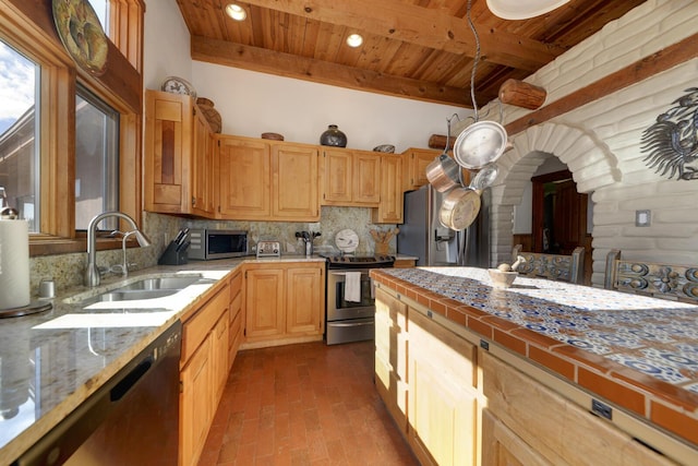 kitchen featuring sink, backsplash, beam ceiling, wood ceiling, and stainless steel appliances