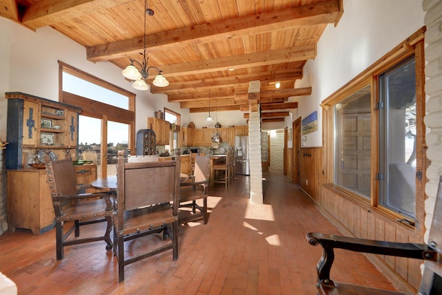 dining area featuring beam ceiling, a high ceiling, wood ceiling, a notable chandelier, and wood walls