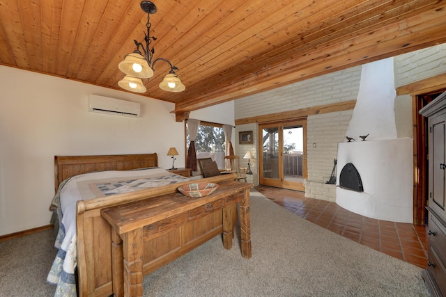 bedroom featuring wood ceiling, dark carpet, a wall mounted AC, and brick wall