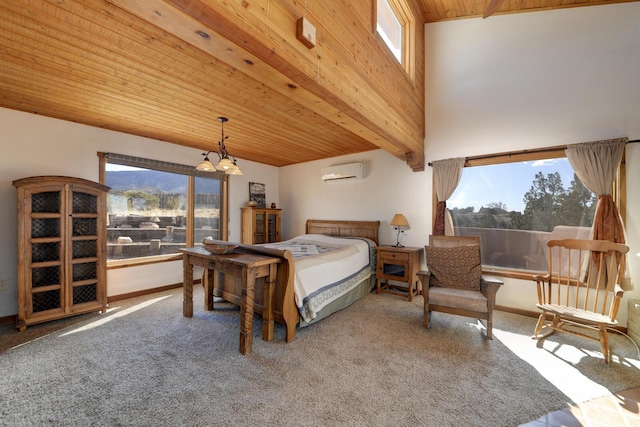 carpeted bedroom with a mountain view, an AC wall unit, wooden ceiling, and multiple windows