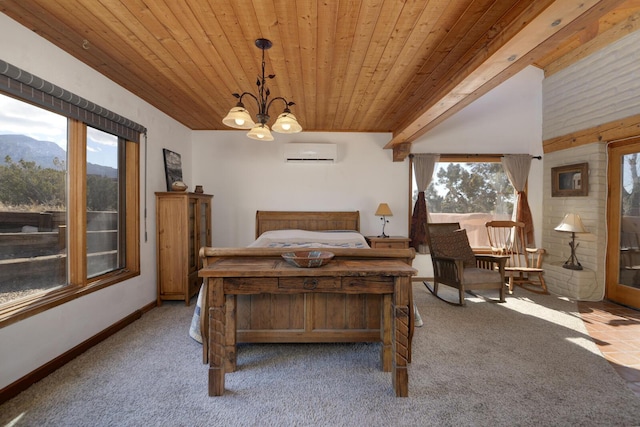 bedroom featuring a mountain view, beamed ceiling, an AC wall unit, and carpet floors