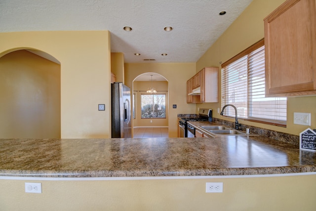 kitchen with plenty of natural light, appliances with stainless steel finishes, sink, and light brown cabinets