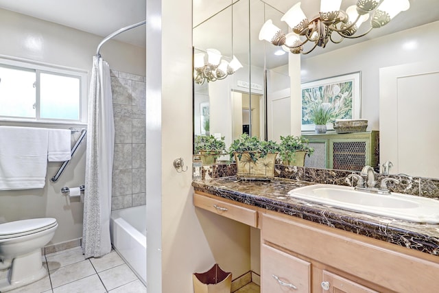 full bathroom with shower / tub combo with curtain, a chandelier, vanity, tile patterned floors, and toilet