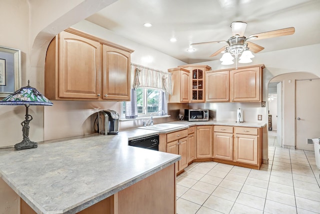 kitchen with dishwasher, sink, kitchen peninsula, and light brown cabinets