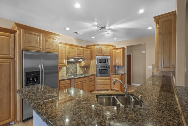 kitchen with appliances with stainless steel finishes, sink, dark stone countertops, and backsplash