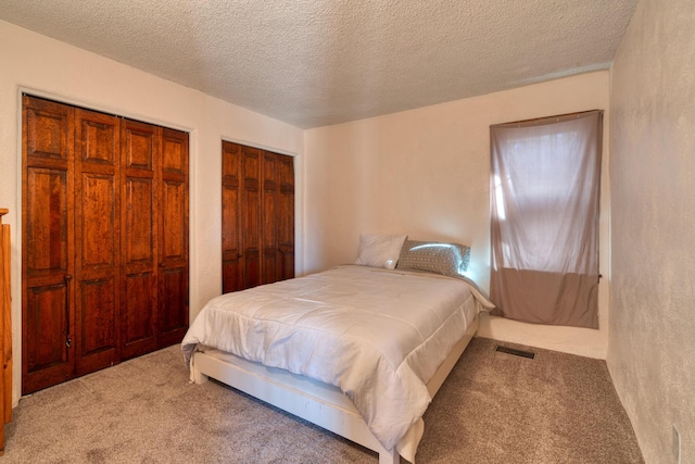 bedroom with carpet, two closets, and a textured ceiling