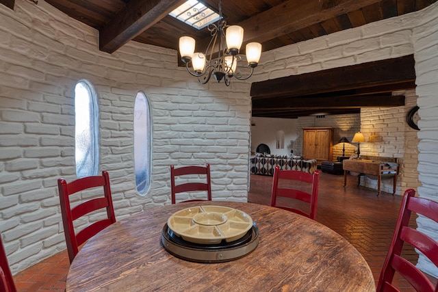 dining area featuring a notable chandelier, wooden ceiling, and beamed ceiling